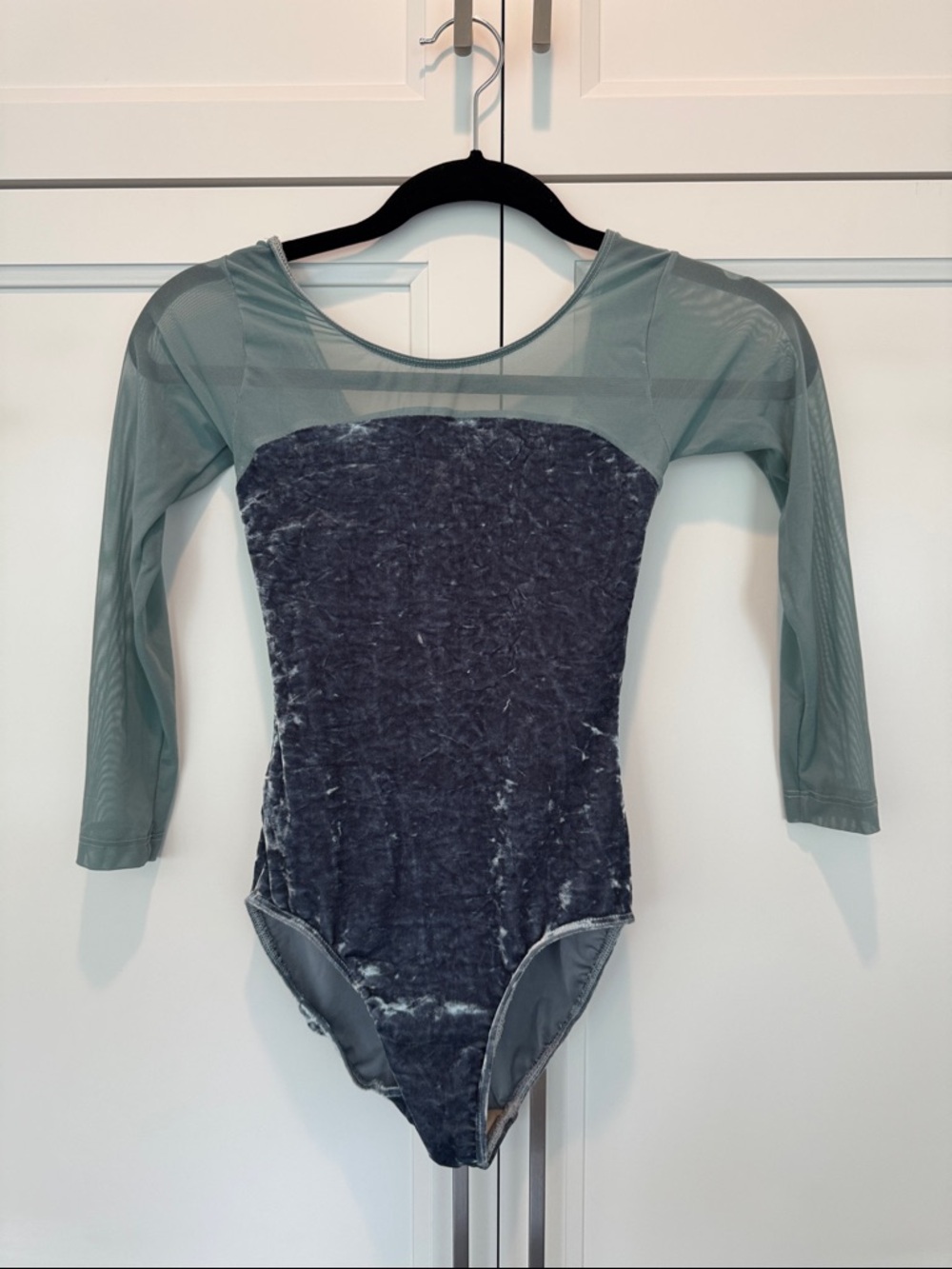 Eleve Dancewear Crushed Velvet and Mesh Leotard in Slate Gray-Green
